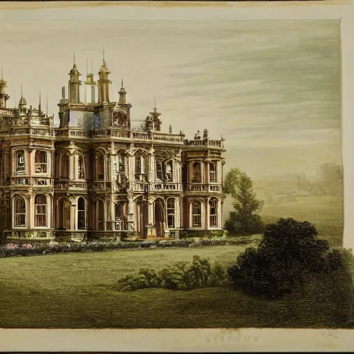 Image similar to Photograph of a large victorian palace and surrounding houses. Detailed.