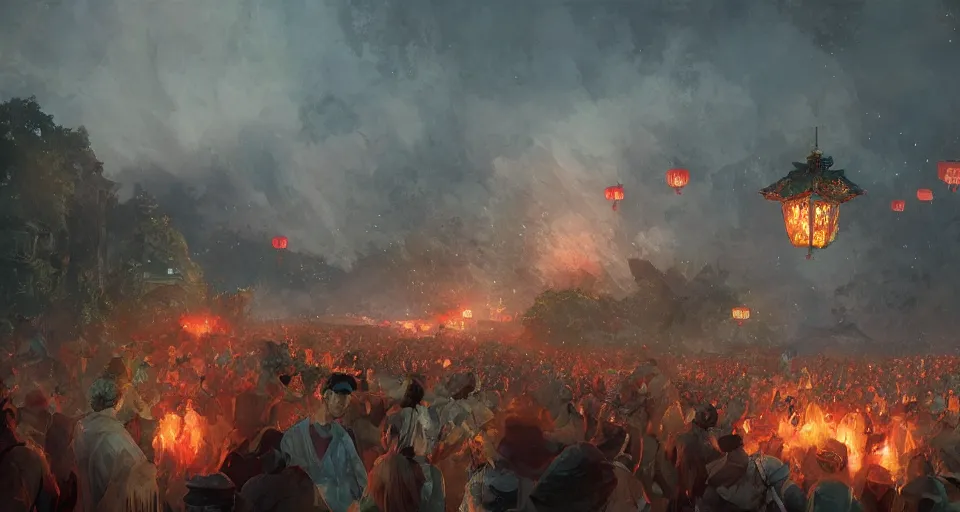 Prompt: craig mullins and ghibli digital art of zhongyuan festival in china ， lanterns ， gohst door with fire in the sky, black night sky, stars, below is the crowd, rivers, villages ， unreal engine, hyper realism, realistic shading, cinematic composition, realistic render, octane render, detailed textures, photorealistic, wide shot