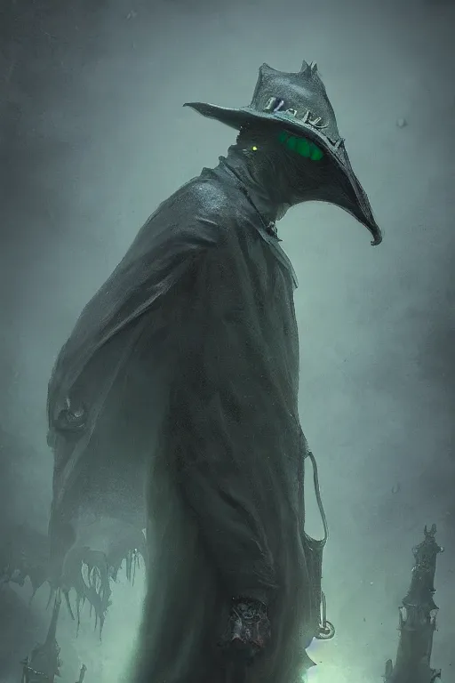 Prompt: A closeup of a green Plague Doctor by Greg Rutkowski, Bloodborne, 4k photorealistic, volumetric lighting, HD, high details, dramatic, dark atmosphere, trending on artstation