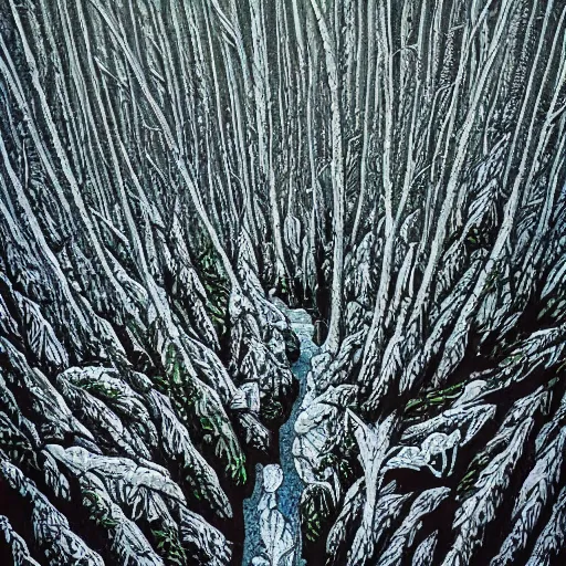 Image similar to Sharp icy frozen forest. Highly Detailed. Masterpiece. By Jeffrey Smith