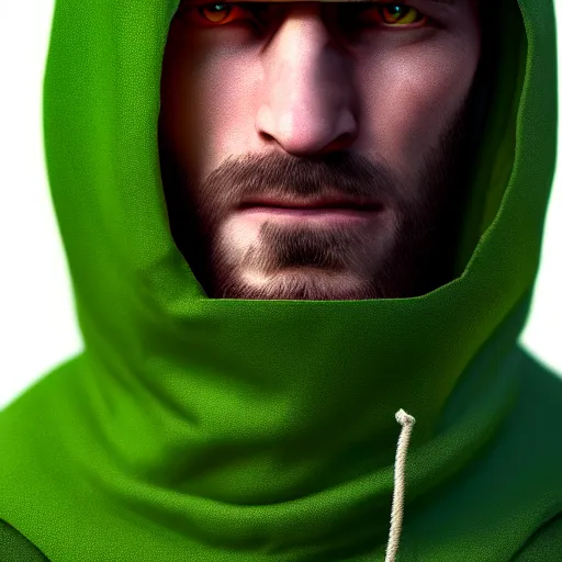 Image similar to portrait of a chad programmer with green hood by greg rutkowski, 4 k, close up