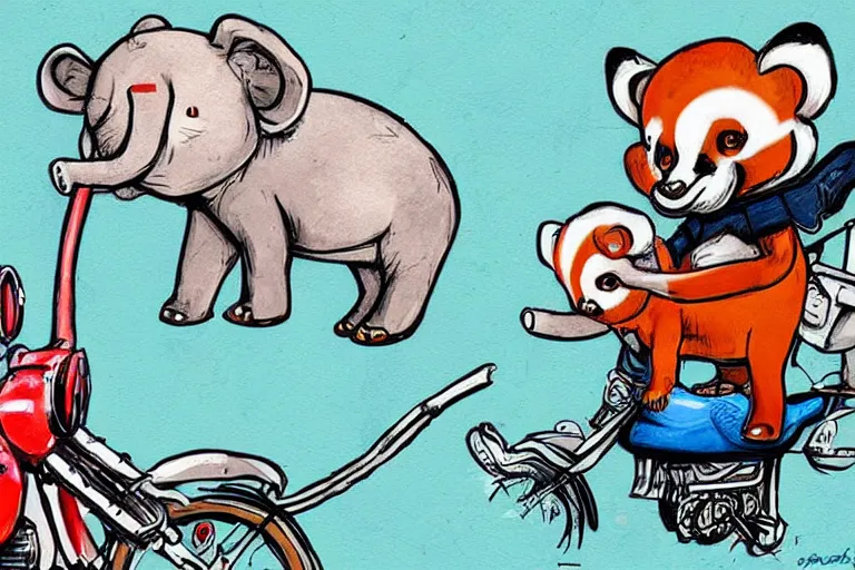 Prompt: a cartoon graffiti illustration of red pandas riding an elephant motorbike by stom 5 0 0