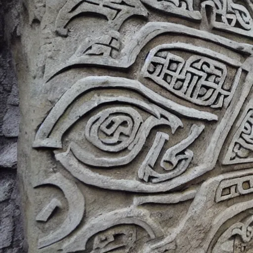 Prompt: ancient nord, photo of stone carved with intricate runes