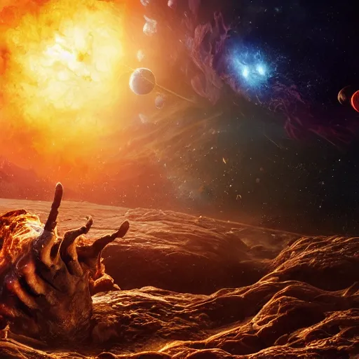 Image similar to one eldritch horror bloody garfield in space, galaxy, hd, 8 k, cinema footage, giant, epic, realistic photo, unreal engine, stars, prophecy, powerful, cinematic lighting, destroyed planet, debris, violent, sinister, ray tracing, dynamic, print, epic composition, dark, horrific, teeth, grotesque