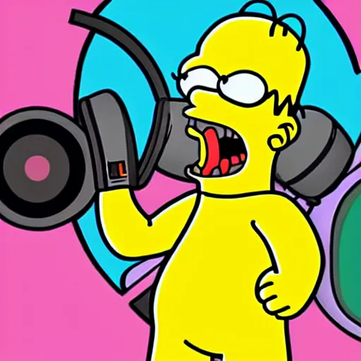 Image similar to svg sticker of a Homer-Simpson at a rave, spinning records, giant headphones rocking out, wearing headphones, huge speakers, dancing, rave, DJ, spinning records, digital art, amazing composition, rule-of-thirds, award-winning, trending on artstation, featured on deviantart