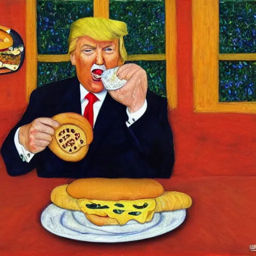 Prompt: donald trump eating a cheeseburger in the style of gustav klimt painting