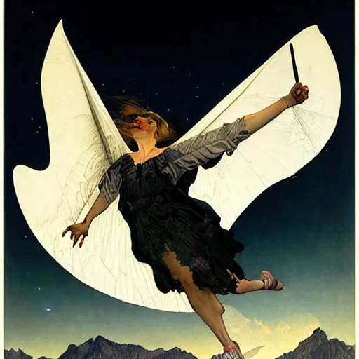 Prompt: hyper realistic white bat, flying against a dark black night sky, mountain in the background, moonlight, denoised, very detailed, painted by james gurney, alphonso mucha, norman rockwell, tom bagshaw