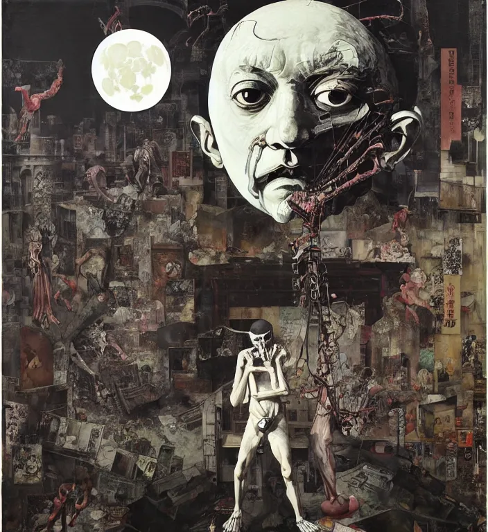 Prompt: decollage painting old white - headed man under the huge moon on a street of ruined city by adrian ghenie and takato yamamoto and austin osman spare and edward hopper and mark ryden and tsutomu nihei, very coherent, baroque elements, perfect anatomy, intricate design. pop art. masterpiece, oil on canvas.