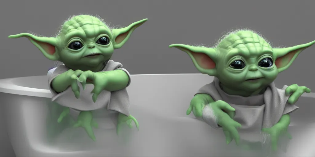 Image similar to Baby Yoda sitting in a tub taking a bubble bath, hyperdetailed, artstation, cgsociety, 8k