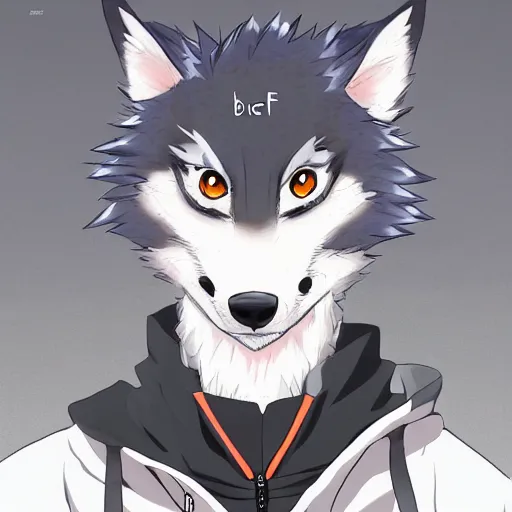 Image similar to key anime visual portrait of an anthropomorphic anthro wolf fursona, in a jacket, with handsome eyes, official modern anime art