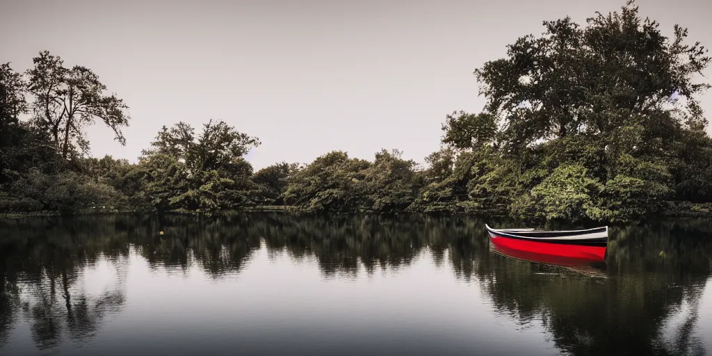 Prompt: photo of small row boat on a lake, landscape, beautiful, elegant, award winning photograph, highly detailed, high resolution photo, trending on artstation,