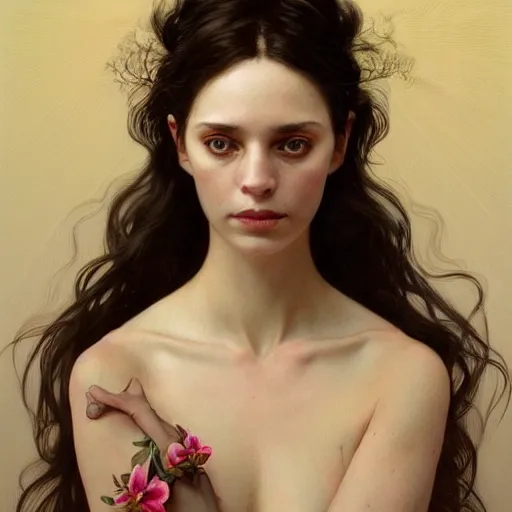 Prompt: portrait of a middle aged artsy woman, avangarde, unique, artistic soul, nature, plants, wool, upper body, long hair, intricate, elegant, highly detailed, digital painting, artstation, concept art, matte, sharp focus, illustration, art by artgerm and greg rutkowski and alphonse mucha