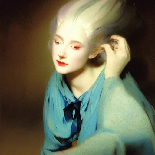 Image similar to a young woman's face, her hair is white and she wears an indigo satin cloak, by ivan aivazovsky and syd mead and moebius and gaston bussiere and roger dean and pieter claesz and paul delaroche and alma tadema and aelbert cuyp and willem claesz, hyperrealistic, volumetric light, octane render