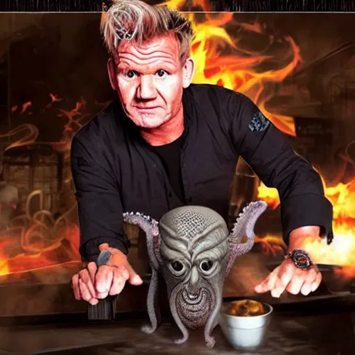 Image similar to gordon ramsay turning into a horrible horrific cthulu lovecraftian monster in the style of greg rutkowski