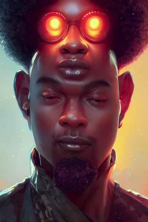 Image similar to ultra realistic illustration, black man with hightop afro, snowy, cold, volumetric lighting, hacknaut cyberpunk, sci - fi, fantasy, intricate, elegant, highly detailed, digital painting, artstation, concept art, smooth, sharp focus, illustration, art by artgerm and greg rutkowski and alphonse mucha