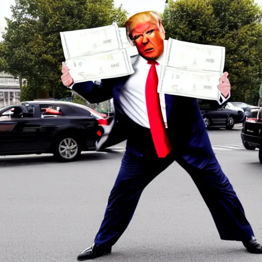 Prompt: donald trump holding bags of money, running from the police