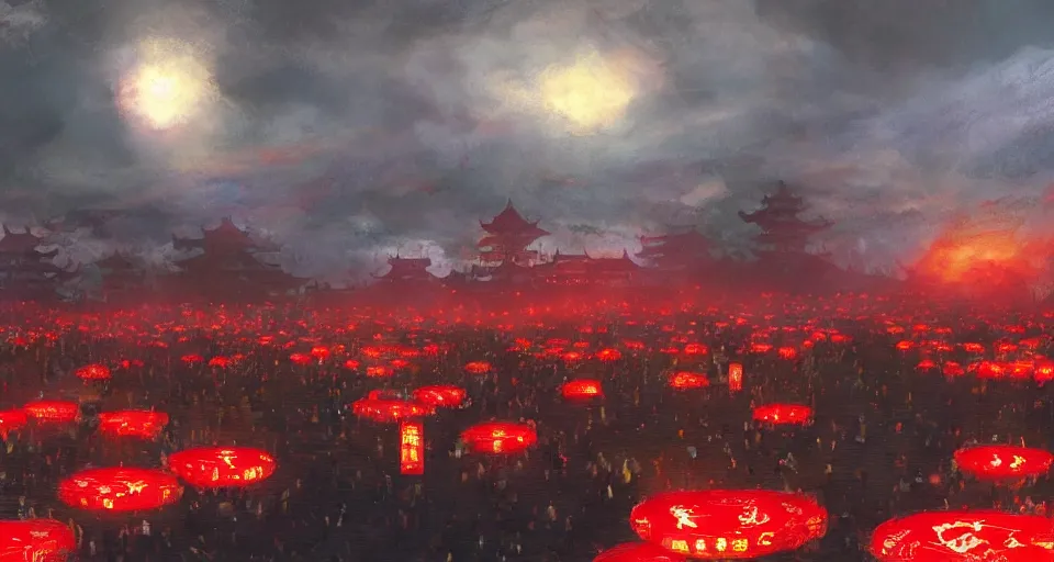 Image similar to craig mullins and ghibli digital art of zhongyuan festival in china ， red lanterns in the sky, black night sky, stars, below is the crowd, rivers, villages ， unreal engine, hyper realism, realistic shading, cinematic composition, realistic render, octane render, detailed textures, photorealistic, wide shot