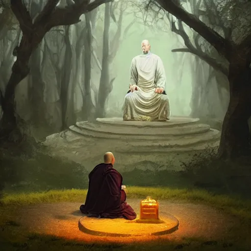 Image similar to ancient monk worshipping under the tree of wisdom, magical world, by greg rutkowski, sung choi, photo realistic, 8 k, cinematic lighting, hd, atmospheric, hyperdetailed, trending on artstation, devainart, digital painting, glow effect