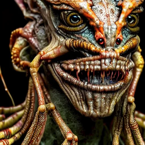 Image similar to photo taken of an epic intricate, ultra detailed, super realistic gritty, wet, slimy, lifelike sculpture of a nightmarish hellish humanoid faced insectoid creature created by weta workshop, menacing, some zoomed in shots, extremely photorealistic, sharp focus