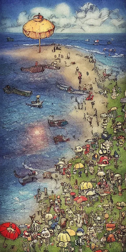 Prompt: a summer beach scene by alexander jansson and where's waldo
