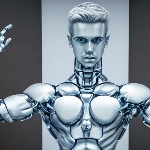 Image similar to made of ice, a realistic detailed photo of a guy who is an attractive humanoid who is half robot and half humanoid, who is a male android, on display, blank stare, showing off his muscles, shiny skin, posing like a statue, by the pool, frozen ice statue, twitch streamer / gamer ludwig, humanoid robot