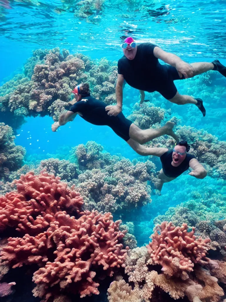 Image similar to a middle aged man swimming under the sea coral reef