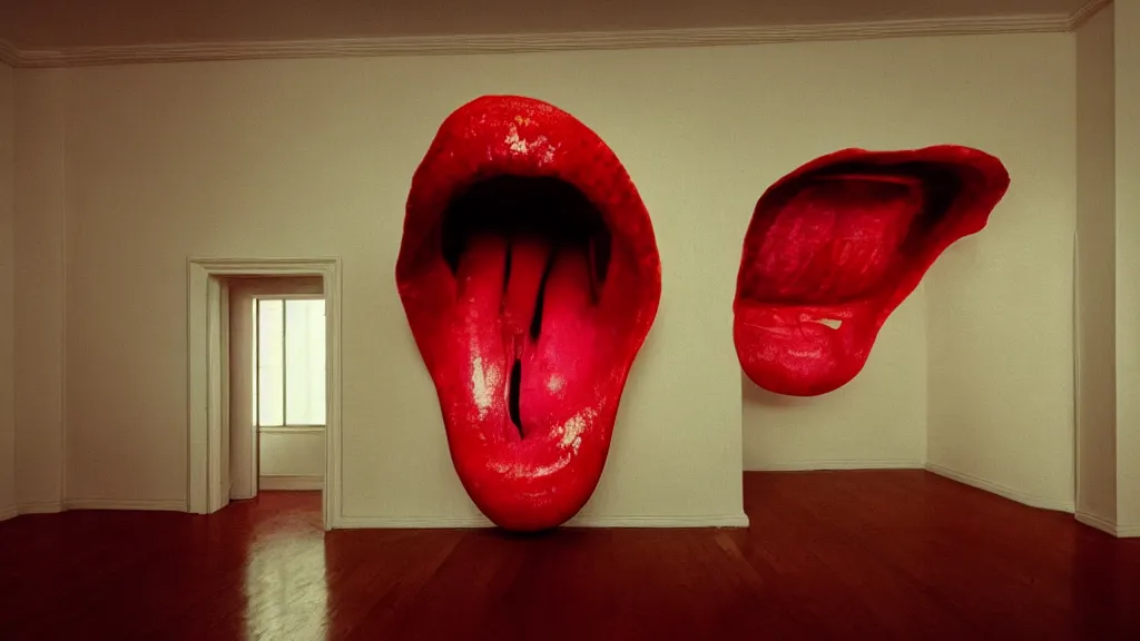 Image similar to the giant tongue in our living room, film still from the movie directed by Wes Anderson with art direction by Zdzisław Beksiński, wide lens