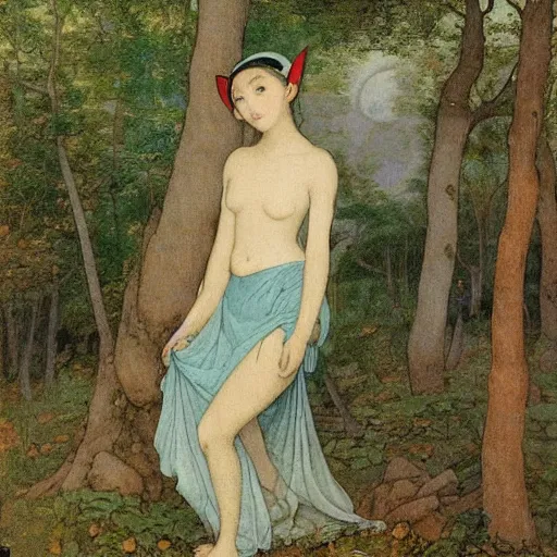 Prompt: beautiful young Asian elf woman with elf ears and blue hair in a hazy forest at dusk, by Pierre Puvis de Chavannes