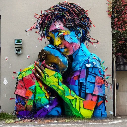 Image similar to a street art of thread connecting brother and sister by bordalo