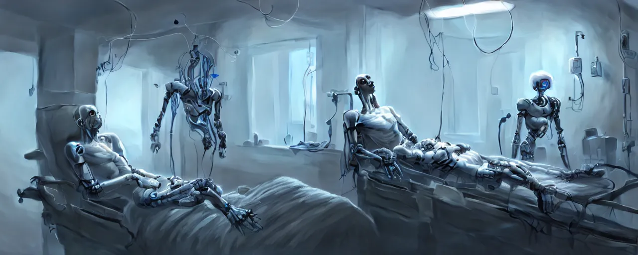 Image similar to an intricate concept art of a man in the hospital waking up in the future, experimental human robot, electronic wires connected to his body concept art, matte painting, style by dylan cole and tyler edlin art, hyper realistic, sci - fi, environment design, low - angle, unreal engine, epic lighting,