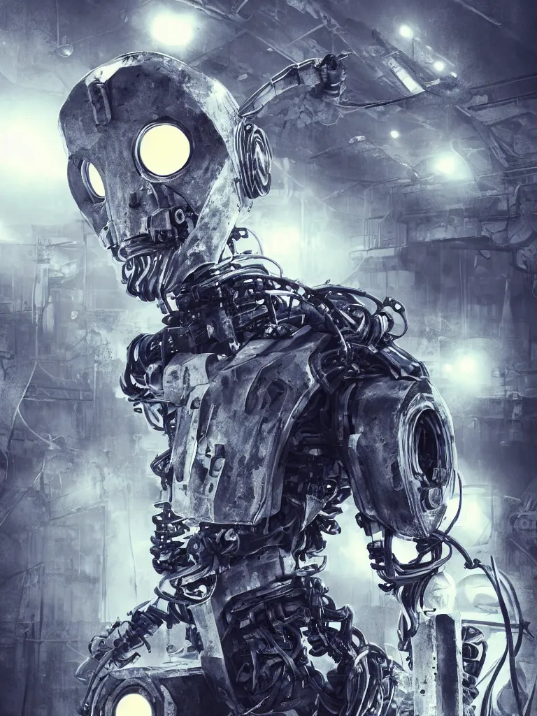 Image similar to portrait of angular metal robot with glowing eyes and a flowing overcoat in an ruined industrial car park, confident pose, coherent, insane detail, concept art, character concept, cinematic lighting, global illumination radiating a glowing aura