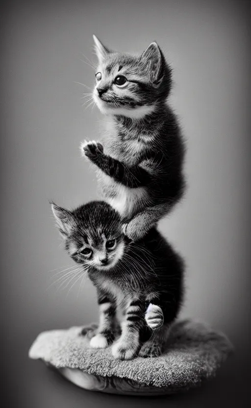 Prompt: Award winning Editorial photo of an adorable kitten standing on the back of a calm and happy duckling by Edward Sherriff Curtis and Lee Jeffries, 85mm ND 5, perfect lighting, gelatin silver process