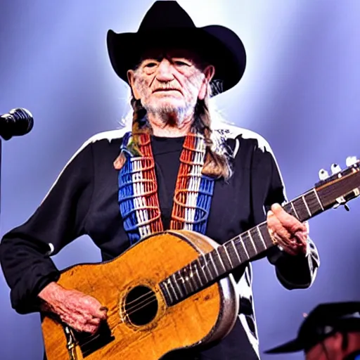 Image similar to willie nelson on stage, detailed, guitar. god rays through fog.