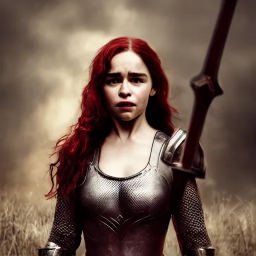 Image similar to emilia clarke, as a medieval fantasy character, with dark red hair, wearing light, silver armor and red clothing, olive complexion, holding a longsword, determined expression, noble, cinematic, dark, realistic, digital art, 8 k