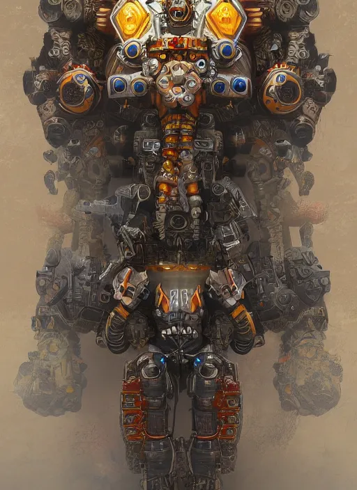 Image similar to mech warrior with complex fractal aztec Ornaments, neural link to an interdimensonal Portal, trending on artstation