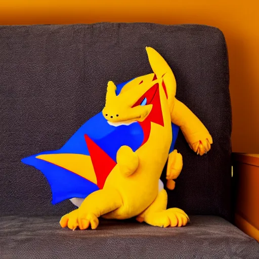 Prompt: colorful charizard fluffy plushy toy on the side of a couch, close up dslr photo