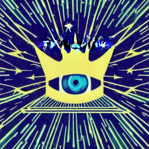 Image similar to a glowing crown sitting on a table with one beautiful eye mounted on it like a jewel, stars on top of the crown, night time, vast cosmos, geometric light rays, bold black lines, flat colors, minimal psychedelic 1 9 9 0 s magazine illustration