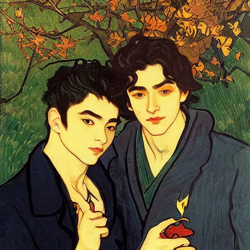 Image similar to painting of young cute handsome beautiful dark medium wavy hair man in his 2 0 s named shadow taehyung and cute handsome beautiful min - jun together at the halloween party, bubbling cauldron, candles, smoke, tarot, autumn colors, elegant, stylized, soft facial features, delicate facial features, art by alphonse mucha, vincent van gogh, egon schiele