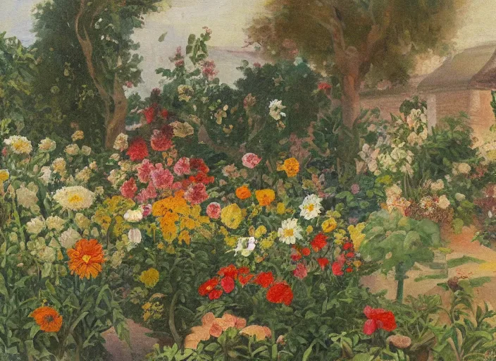 Prompt: a painting of flowers in a garden by juvenal sanso, detailed