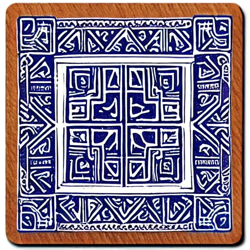 Prompt: playing card back, square, blue, aztec