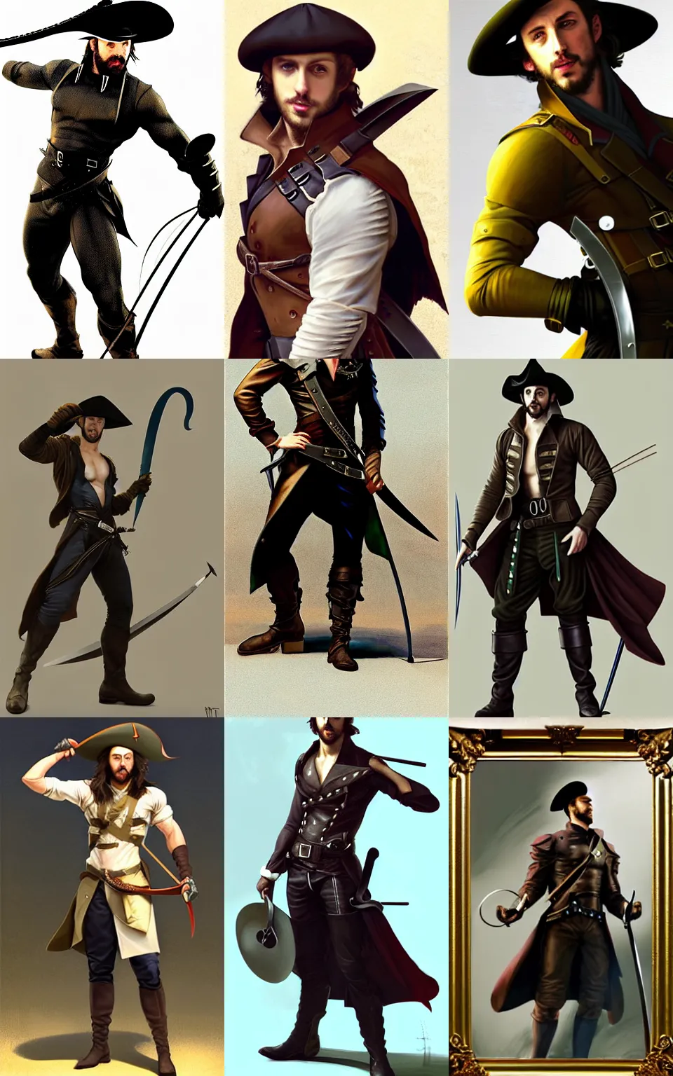 Prompt: character concept portrait of happy Aaron Taylor Johnson as a swashbuckler flourising a rapier, fit, abs, tricorne hat, boots, full body view, elegant, digital painting, concept art, smooth, sharp focus, illustration, from Metal Gear, by Ruan Jia and Mandy Jurgens and William-Adolphe Bouguereau, Artgerm