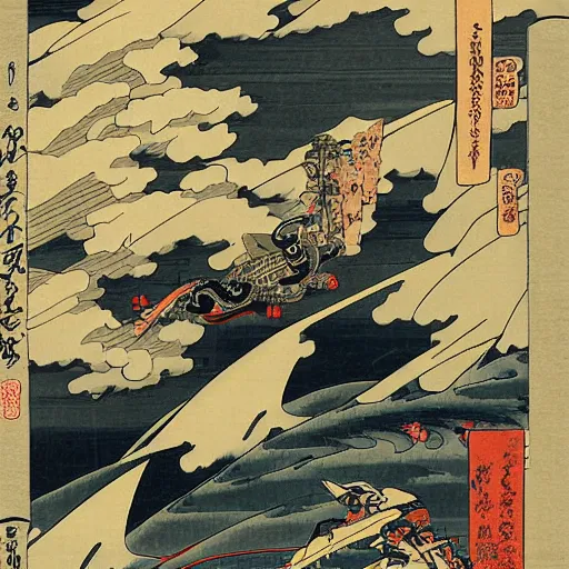 Prompt: flying mecha, 8k, ultra detailed, Ukiyo-e style by Katsushika Hokusai