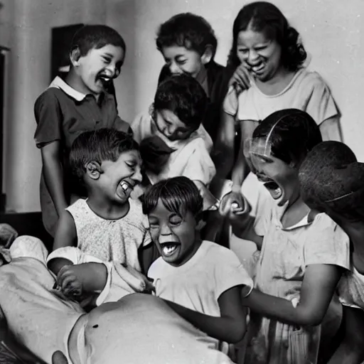 Prompt: A group of children laughing while performing open heart surgery, photograph