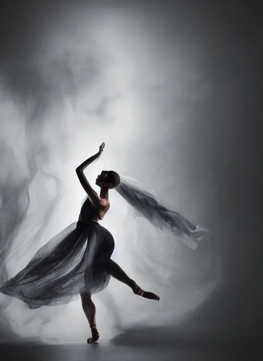 Image similar to a Photorealistic dramatic hyperrealistic render of a beautiful Female smoke dancer by Ken Brower and Deborah Ory of NYC Dance project,Lois Greenfield,Flowing cloth and smoke,Beautiful dynamic dramatic dark moody lighting,volumetric,shadows,cinematic atmosphere,Octane render,8K