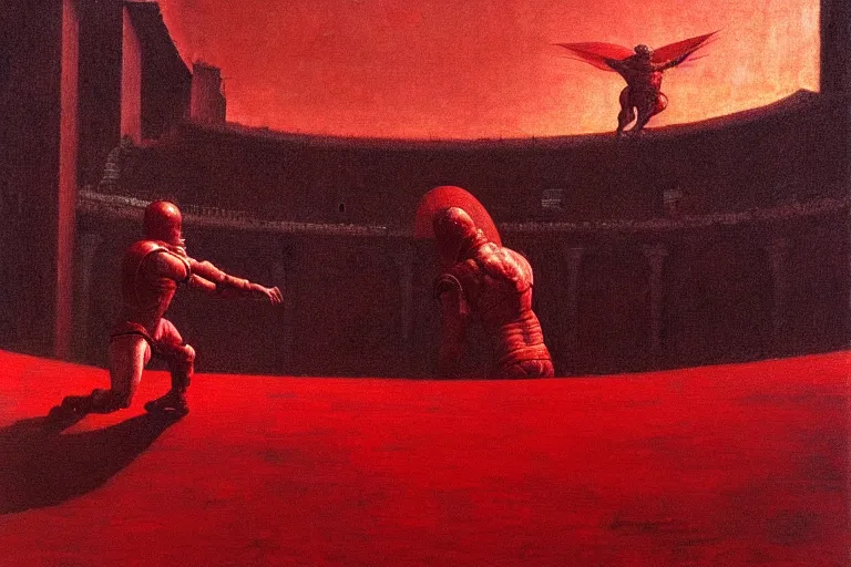 Image similar to only with red, a red gladiator in a crowded roman amphitheatre, crowd cheers him, in the style of beksinski, parts by edward hopper, parts by rodcenko, parts by yue minjun, intricate and epic composition, red by caravaggio, insane quality, highly detailed, masterpiece, red light, artstation