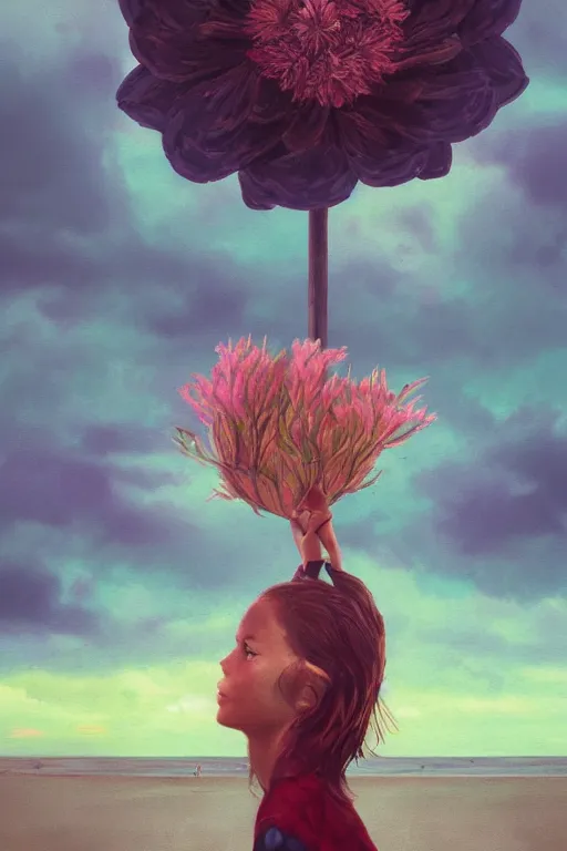 Image similar to portrait, giant flower head, a girl on beach, surreal photography, wind and cold, dramatic sky, impressionist painting, digital painting, artstation, simon stalenhag