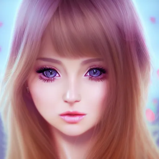 Prompt: beautiful intricate photograph of nikki from shining nikki dress - up game, a cute young woman, light pink hair, long hair with full bangs, full heart - shaped face, hazel amber eye color, pale skin, light blush, chinese heritage,, smiling softly, golden hour, soft focus, 8 k, hyperrealism, hyperdetailed