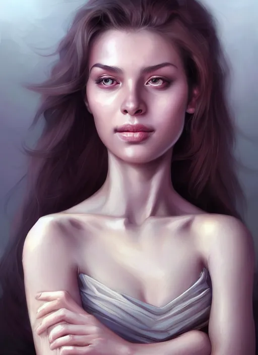 Image similar to beautiful andrea from the wallking dead comics feminine face! portrait of young woman blessed by god with ever - increasing physical and mental perfection, beautiful hair, symmetrical! intricate, elegant, highly detailed, vision of holy perfection!! smile, digital painting, artstation, concept art, smooth, sharp focus, illustration, art by artgerm and greg rutkowski and alphonse mucha