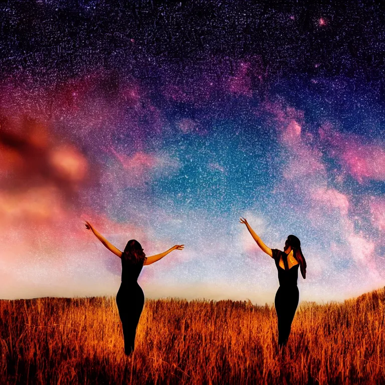 Image similar to a beautiful landscape of a starry sky with an beautiful woman waving to the horizon, cinematic, dramatic, color grading, photojournalism, colorful, highly detailed