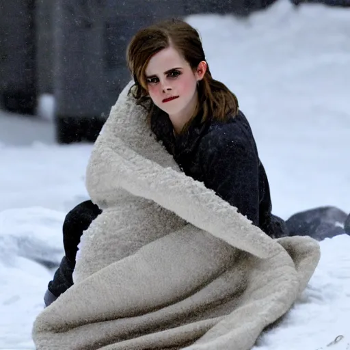 Image similar to emma watson laying in snowdrift, clutching blanky